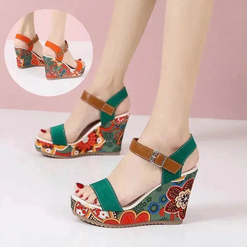 Fashion Flowers Embroidered High Wedge Sandals For Women Summer Toe Platform Buckle Shoes - EX-STOCK Canada