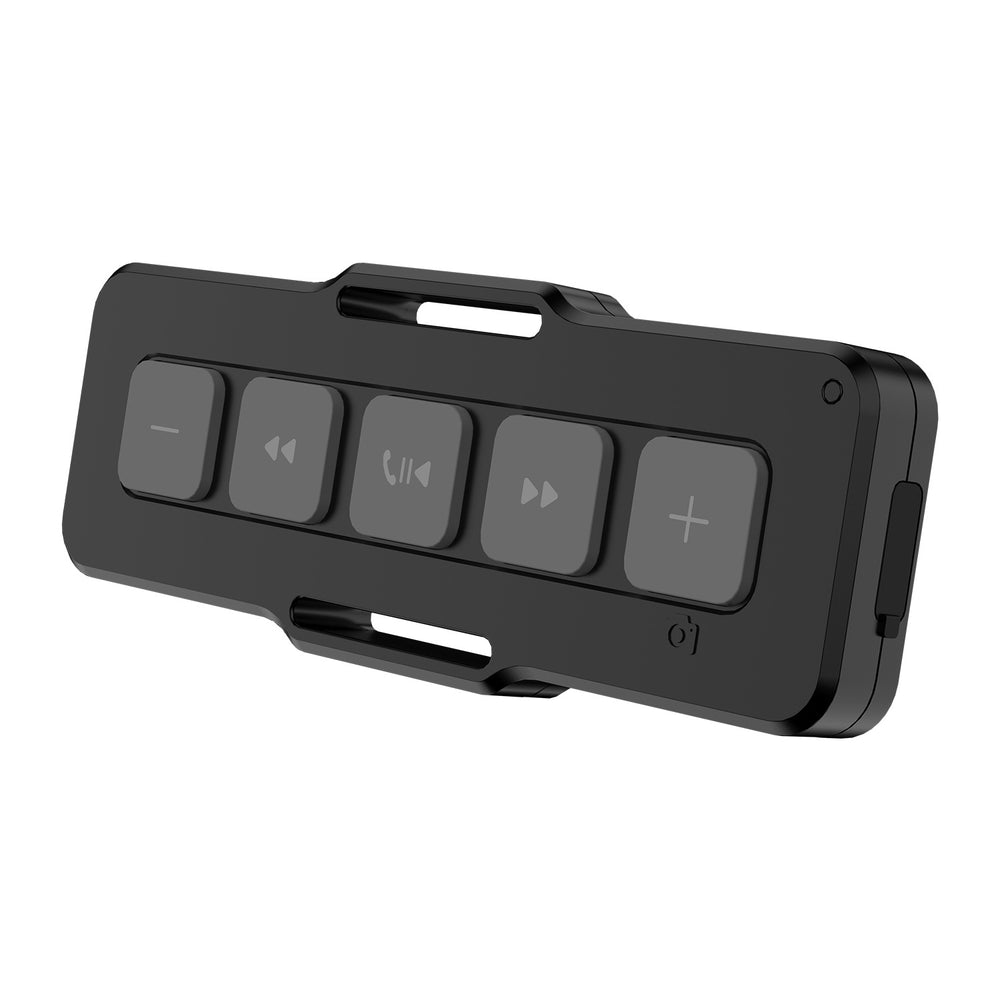 Black Bluetooth control remote on a white background