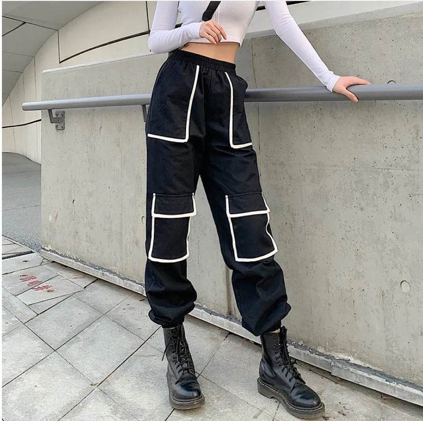 White Stripe Cargo Pants Women Trousers Pockets Patchwork Contrast Color High Waist Pants Hip Hop Capris - EX-STOCK Canada