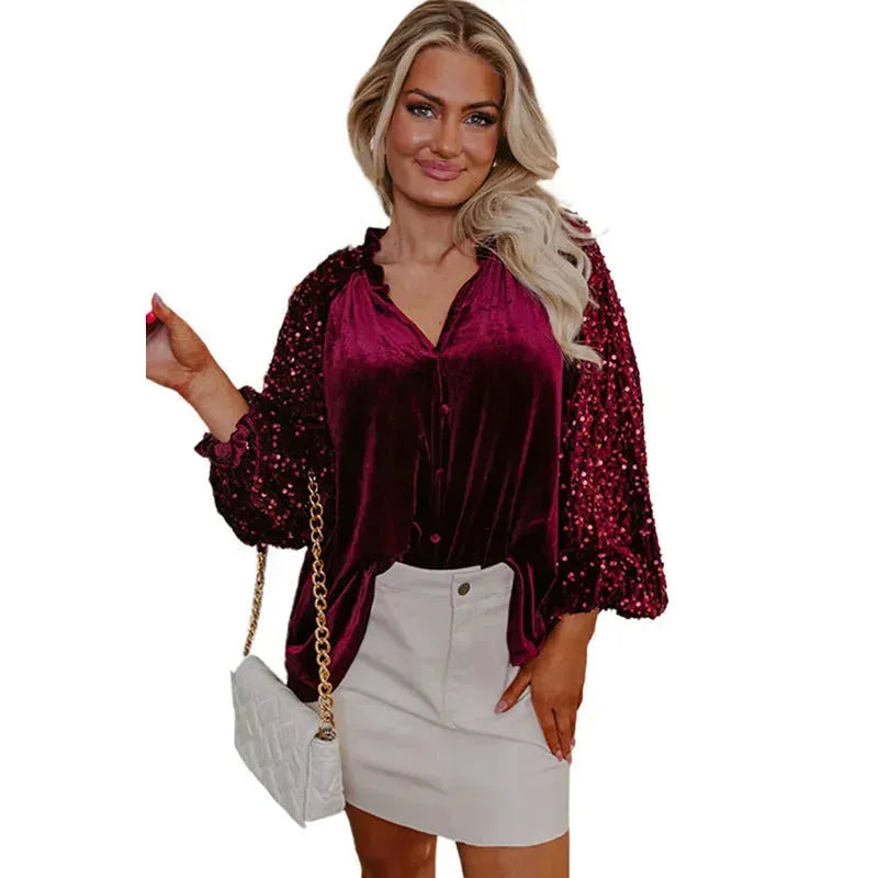 Elegant Fashion Sequined Long sleeve Suede V-neck Blouse top  women - EX-STOCK CANADA