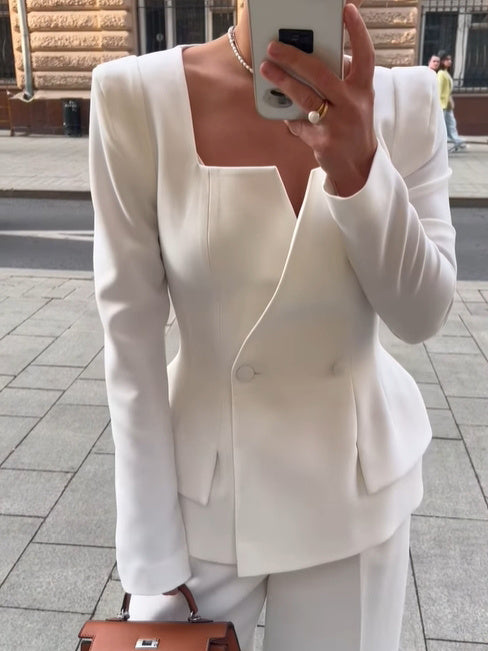 Women's Double-Breasted Square Neck Blazer | Fitted White Solid Colour Jacket | XS–XL