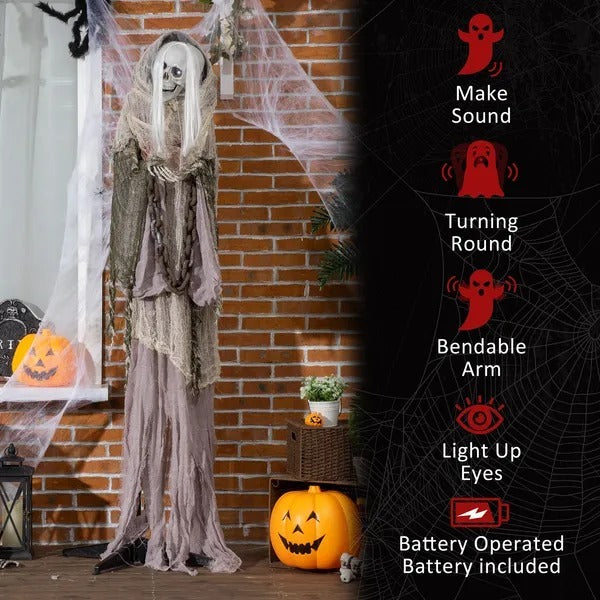 6ft Life Size Outdoor Halloween Decoration Skeleton Witch, Animated Prop With Light Up Eyes, Spooky Sound EX-STOCK Canada 