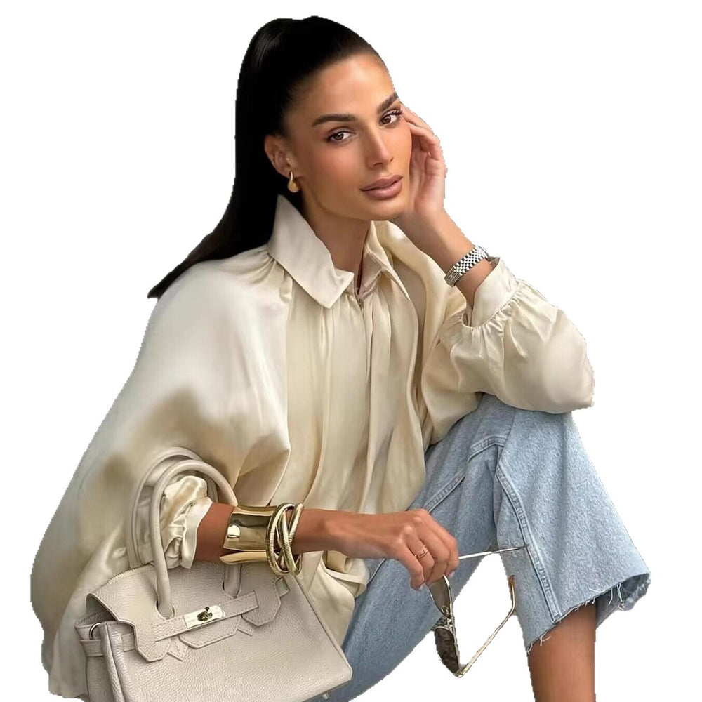 Women's Loose Pleated Zip-Front Jacket – Balloon Sleeves, 6 Colours | Sizes XS–XL