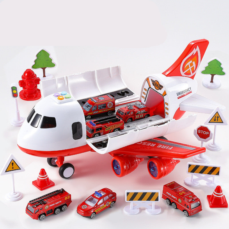 Toy airplane set with fire trucks and traffic signs on a white background