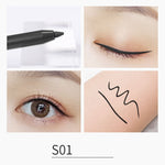 Eyeliner pen with close-up examples of application on eyes and skin.
