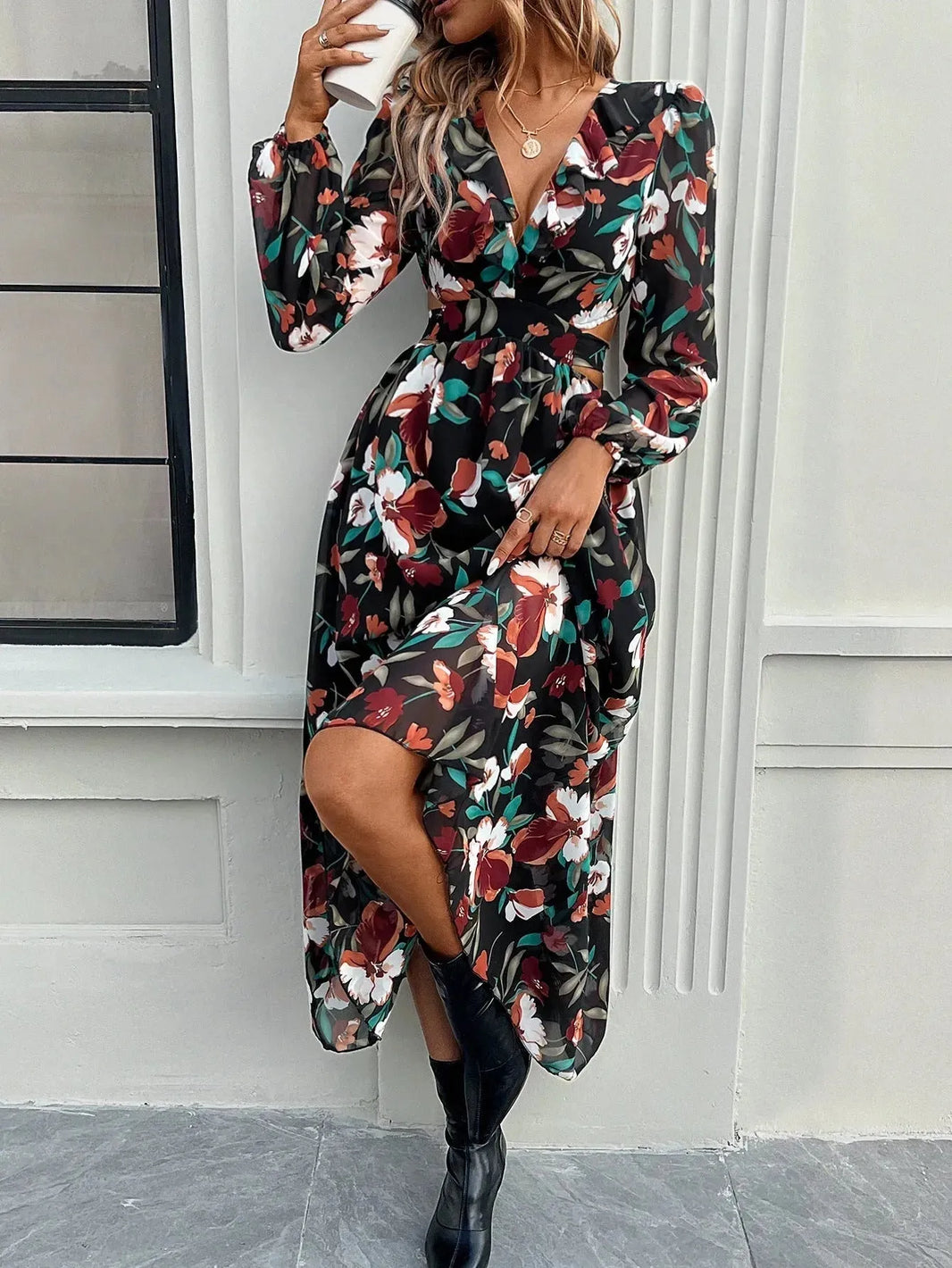 Fashion Florals Print Long Sleeve Dress Casual Holiday Tight-waisted V-neck Dresses Women Clothing - EX-STOCK CANADA