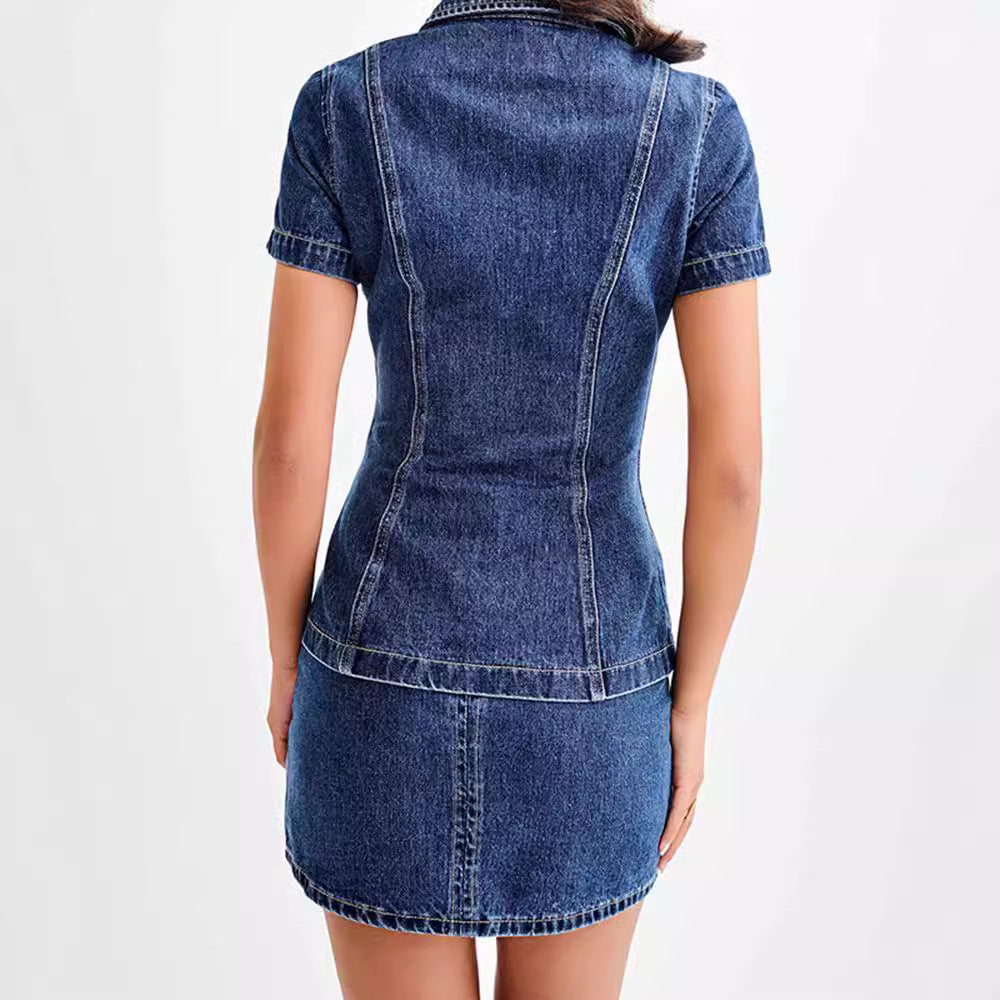 Tenue avec haut slim à manches courtes et col en jean européen et américain, jupe fourreau 
