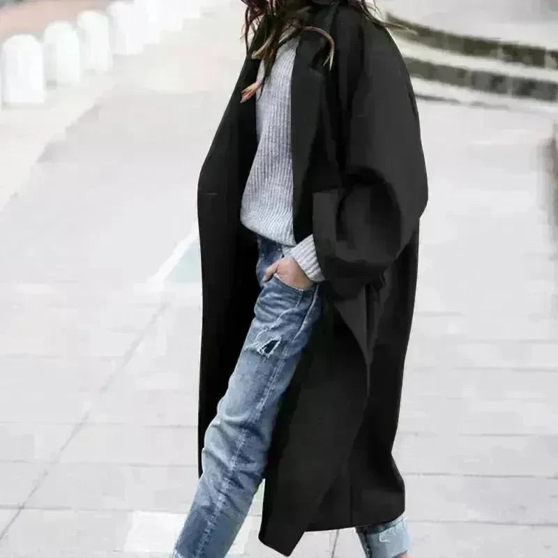 Lapel Single Breasted Women Winter Solid Woolen Trench Coat Long Jacket - EX-STOCK CANADA