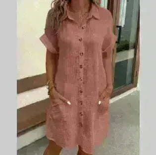 Womens Button Down Shirt Dress Summer Cotton Linen Dress V-Neck Mini Dress Casual Short Sleeve Loose Tunic Dresses - EX-STOCK CANADA