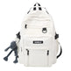 White backpack with black straps and a small gray plush toy attached, on a white background.