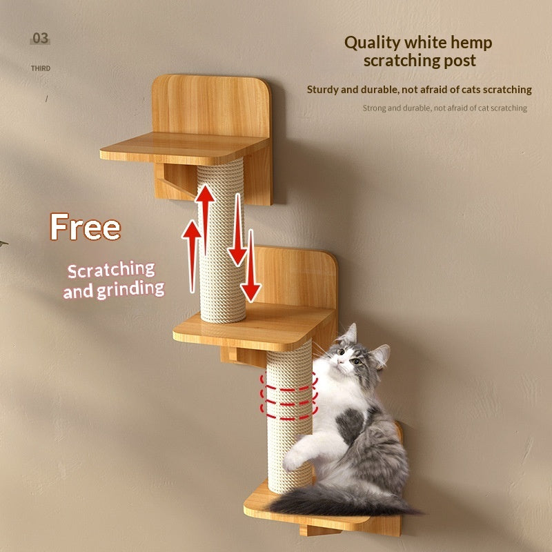 Wall-Mounted Solid Wood Cat Climbing Platform with Sisal Scratching Post