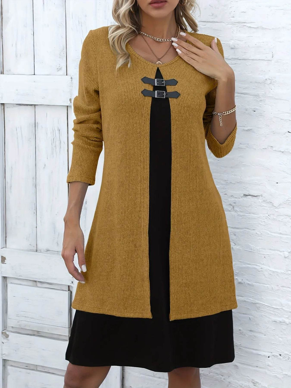 Contrast Color Buckled Round Neck Fashion Winter Sweater Dress - EX-STOCK Canada