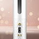 A modern cylindrical electric grinder with a white textured diamond-patterned body, gold accents, and a black digital display, set against a soft pink bokeh background.