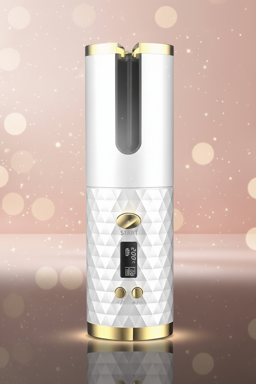 A modern cylindrical electric grinder with a white textured diamond-patterned body, gold accents, and a black digital display, set against a soft pink bokeh background.