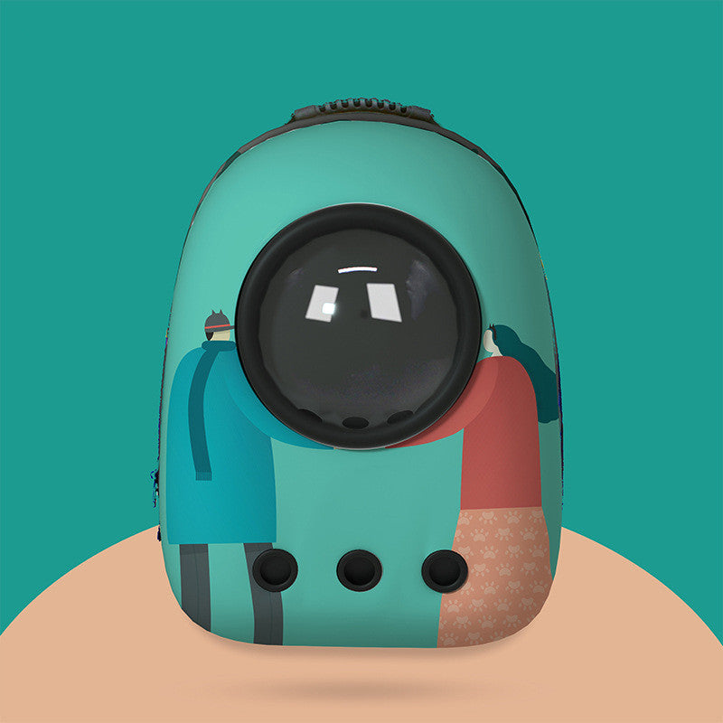 Pet carrier with cartoon design on a teal background