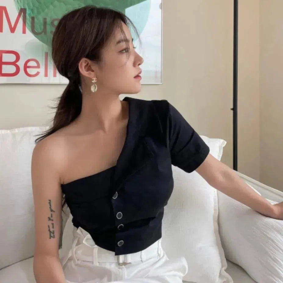 Summer Fashionable Irregular One-shoulder Design  Single-breasted blouse Shirt For Women - EX-STOCK CANADA