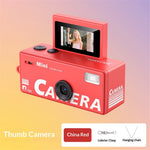 Red camera with a screen on a gradient background