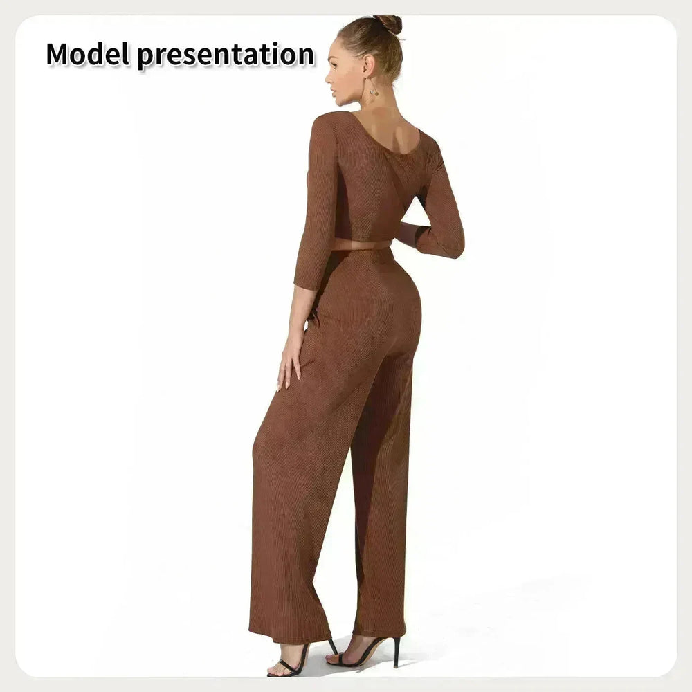 Women Fashion Casual Matching 2pcs set Long Sleeve Crop top and Pant set - EX-STOCK CANADA