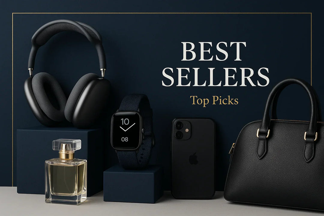 Collection of black electronic and fashion items with 'BEST SELLERS Top Picks' text on a dark background.