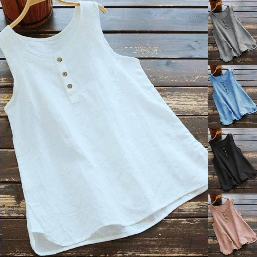 Solid Color Round Neck Loose Casual Vest Cotton Linen summer blouse top for Women - EX-STOCK Canada
