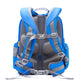 Blue and gray backpack with multiple straps on a white background
