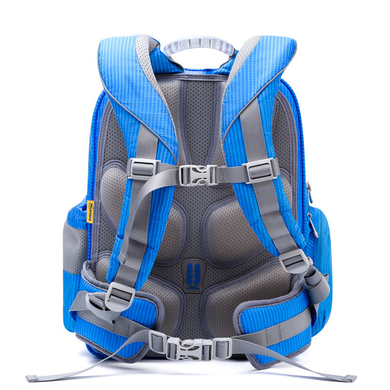 Blue and gray backpack with multiple straps on a white background