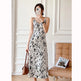 Ink Painting Print Suspender Dress Women's Spring And Summer Floral Midi dress white - EX-STOCK CANADA