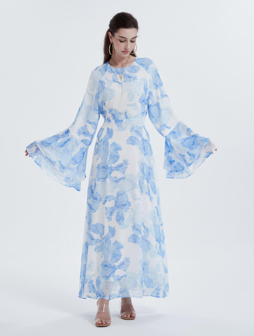 Muslim Chiffon Printed Bell Sleeve Dress - EX-STOCK Canada
