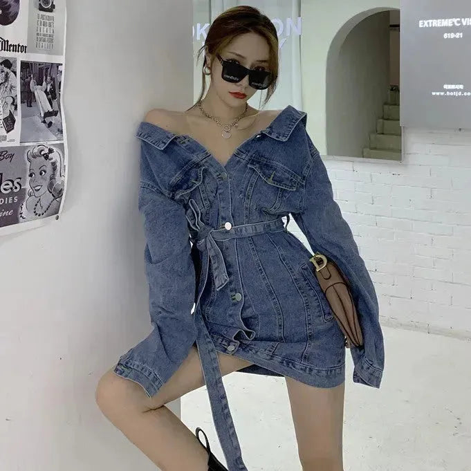 Street Fashion Long sleeve denim Mini Jeans dress - EX-STOCK CANADA