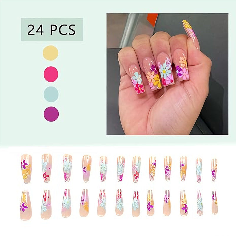 24 PCS Long Flat Flowers Nail Art, Long Length Long Water Pipe Fake Nails,Square Head Nail Tips False Nail EX-STOCK Canada 