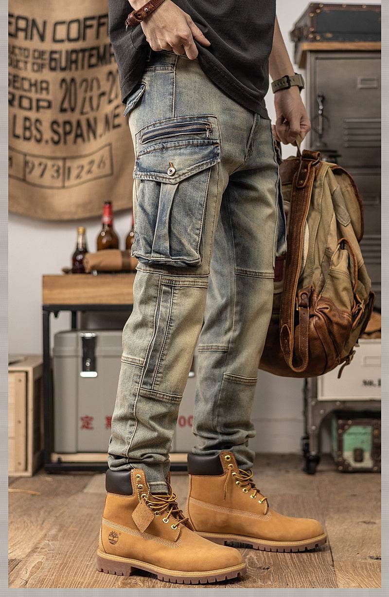 Sprin Autumn Retro Slim Fit Straight Leg Casual Distressed Denim Jeans Cargo Pant Men - EX-STOCK Canada