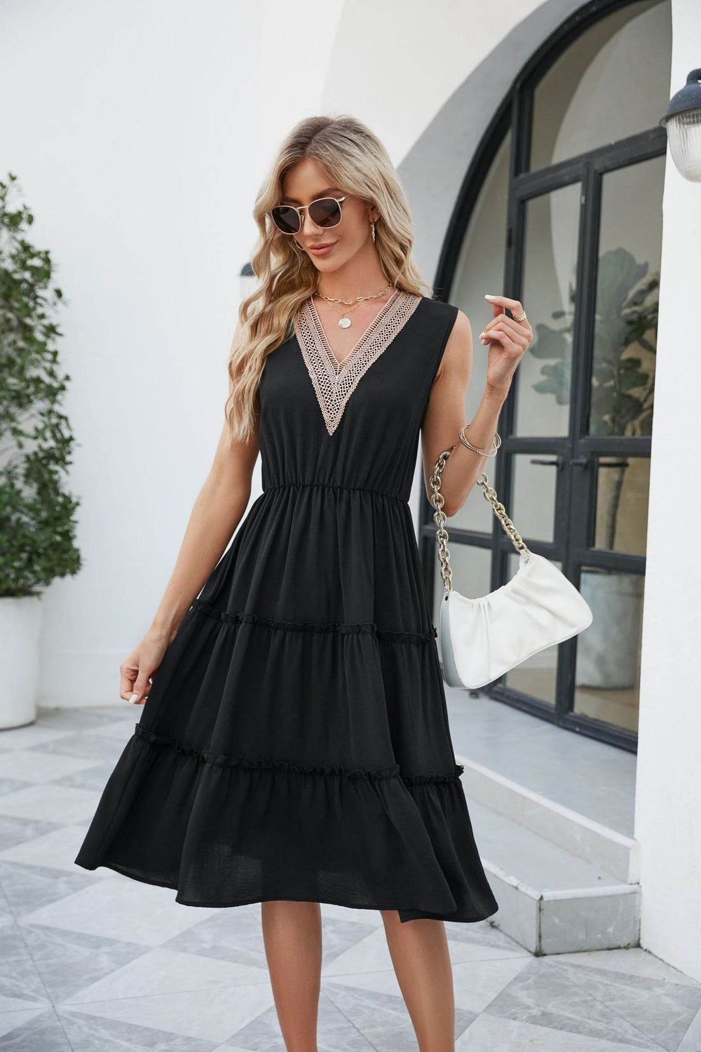 V-neck Dresses Women Sleeveless Pleated Ruffle Elegant Dress Beach Summer - EX-STOCK Canada