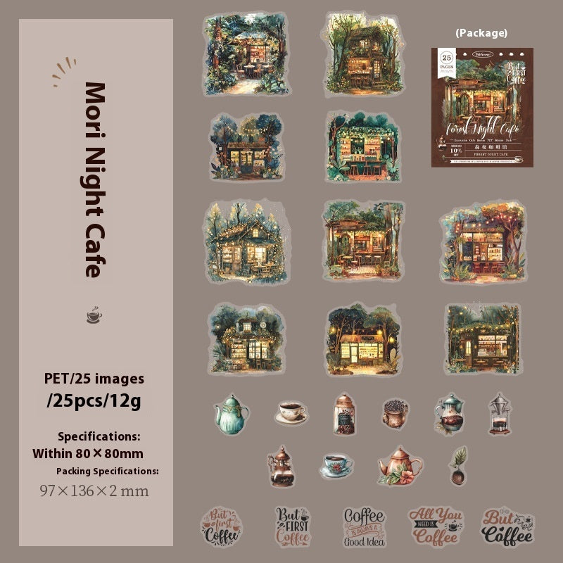 Mori Night Cafe sticker set with packaging on a brown background