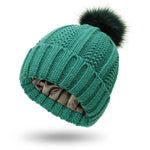 Stretchy Satin Lined Skull Knit Faux Fur Pom Pom Beanie Hat - EX-STOCK Canada