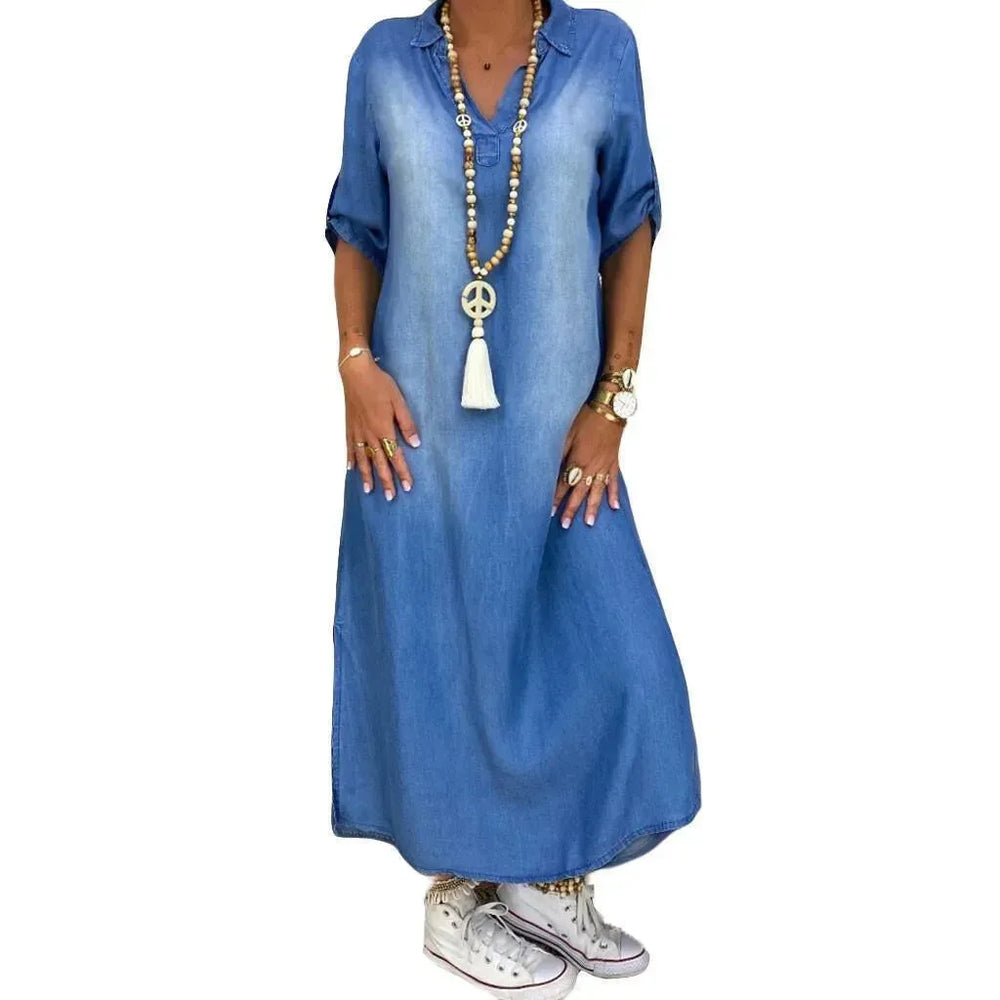 New washed denim dress Side Split Loose Mum Long Jeans Dress - EX-STOCK CANADA