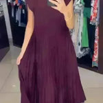 Women Summer Pleated Maxi Dress Casual Short Sleeve Crewneck Flowy Swing Long Dress with Pockets - EX-STOCK CANADA
