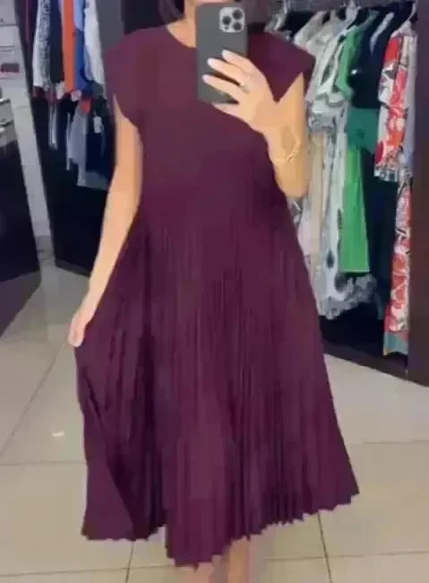 Women Summer Pleated Maxi Dress Casual Short Sleeve Crewneck Flowy Swing Long Dress with Pockets - EX-STOCK CANADA