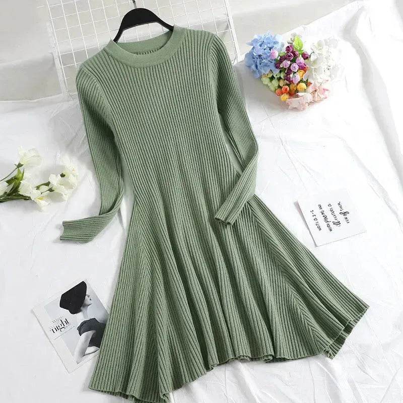 Autumn Winter Round neck Slim fit Mini Flared Sweater Dress - EX-STOCK Canada