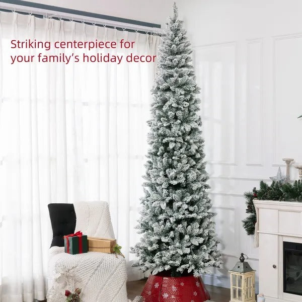 9ft Pencil Christmas Tree, Flocked Tree With 1277 Branch Tips And Metal Base For Home, Indoor, Holiday EX-STOCK Canada 