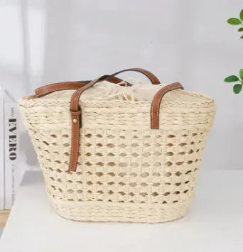 Large Capacity Fashion Urban Simple White Khaki Straw Braided shopper Beach Bag - EX-STOCK CANADA
