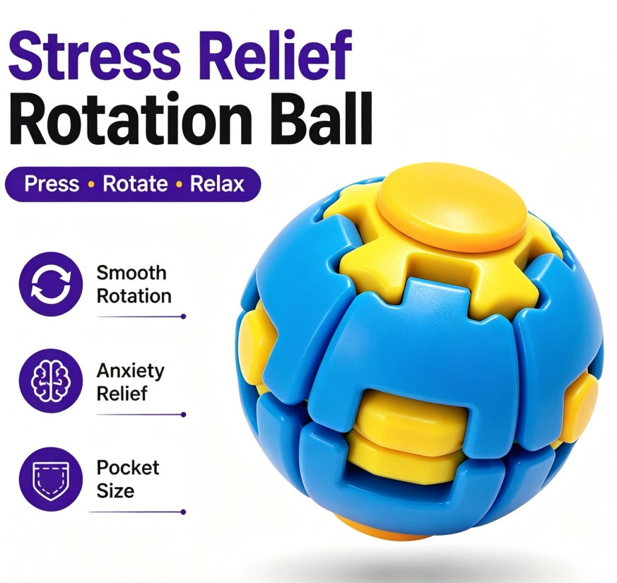 A blue and yellow stress relief rotation ball toy shown on a white background with promotional text and feature icons for smooth rotation, anxiety relief, and pocket size.