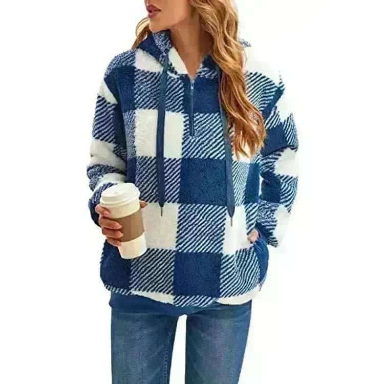 Casual Thick Fleece Plush half zip Plaid Hoodie Pullover top for women - EX-STOCK CANADA