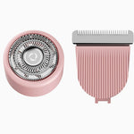 Pink electric shaver head and trimmer on a white background