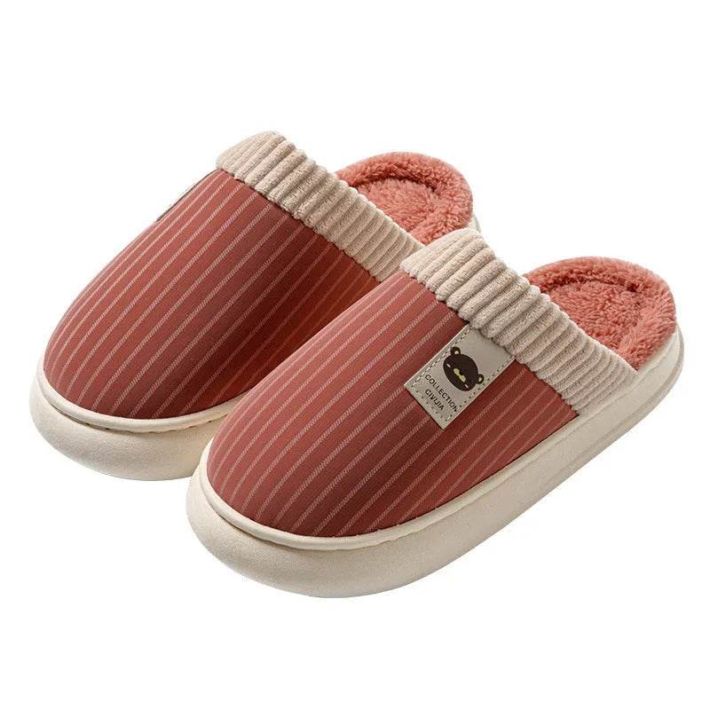 Solid Striped Plush Slippers Winter Warm Bear Fleece Shoes House Indoor Bedroom Floor Thick-soled Home Slipper For Women Men Couple - EX-STOCK Canada