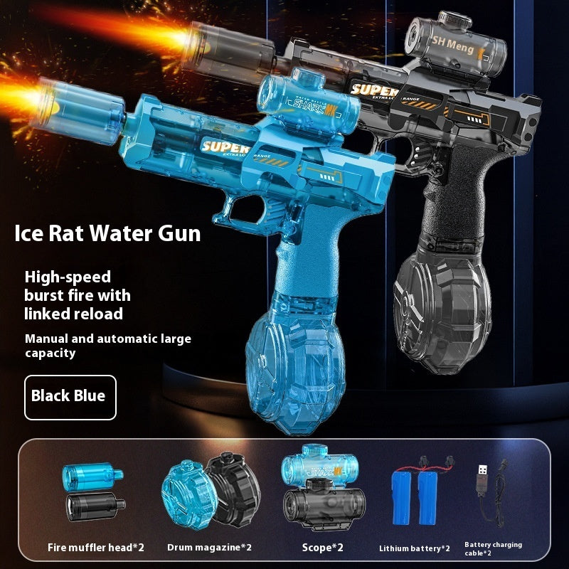 Two toy water guns, one blue and one black, with text describing features and accessories on a dark background.
