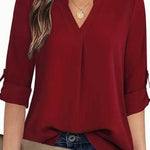 Chic Solid V-Neck Blouse - Fashionable Simplicity For Women - Relaxed Casual Long Sleeve Style - EX-STOCK Canada
