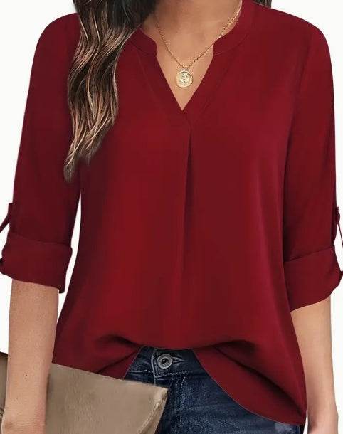 Chic Solid V-Neck Blouse - Fashionable Simplicity For Women - Relaxed Casual Long Sleeve Style - EX-STOCK Canada