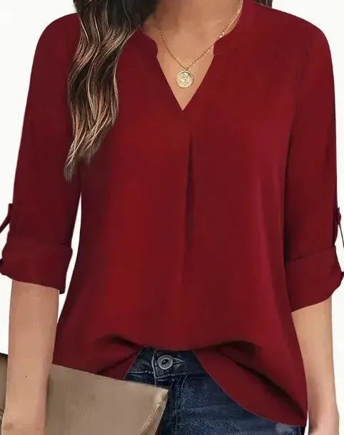 Chic Solid V-Neck Blouse - Fashionable Simplicity For Women - Relaxed Casual Long Sleeve Style - EX-STOCK CANADA