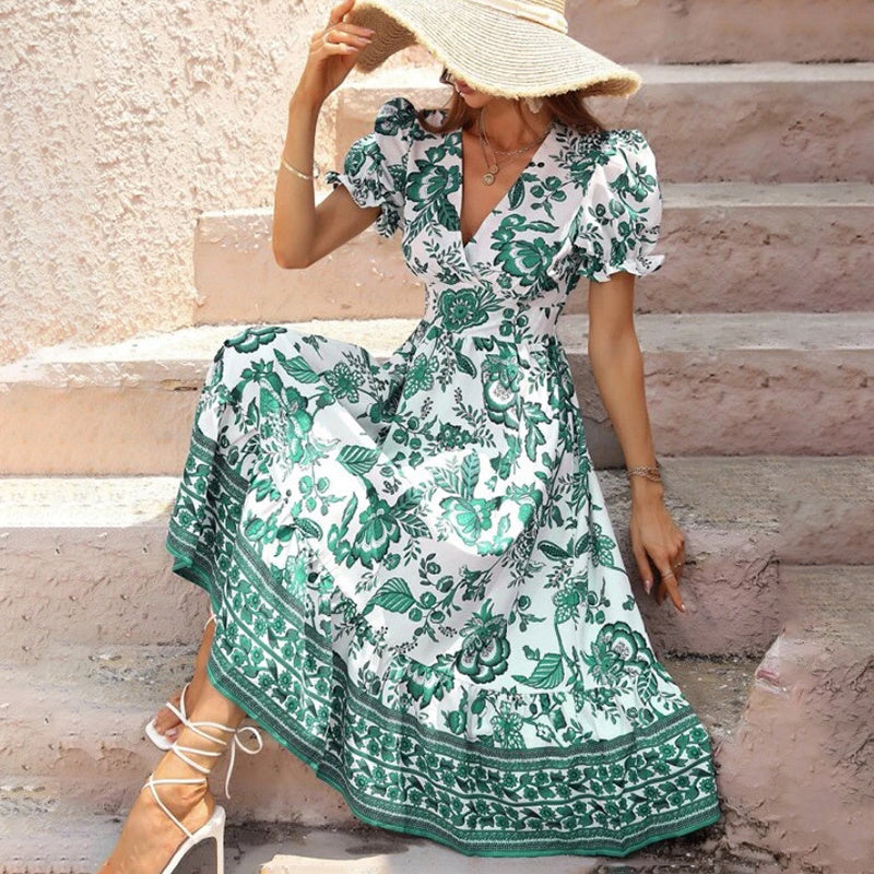 Puff Sleeve dress V Neck Blue Floral Bohemian Midi Dress EX-STOCK