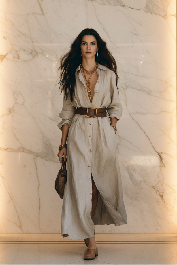 A woman models a long-sleeve linen shirt dress in a light beige color, styled with a brown belt, gold jewelry, and brown flat shoes against a plain white background.